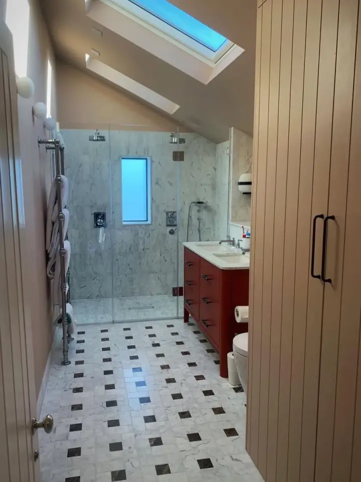 Brighton Italian marble family bathroom with walk-in shower