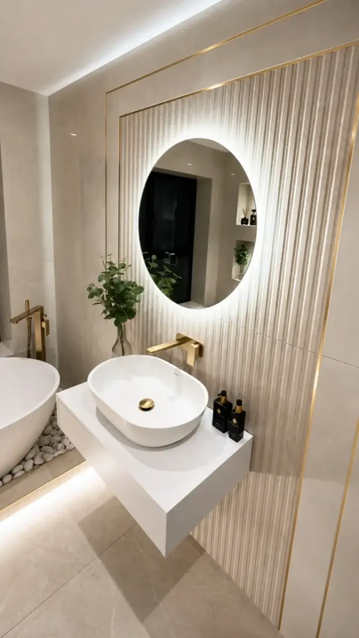 Hertfordshire family bathroom with fluted wall tiles and brass detailing
