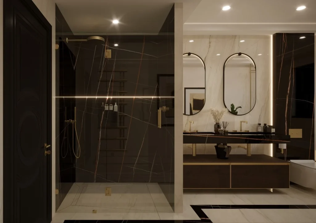 Large format bathroom tiles and walk-in shower