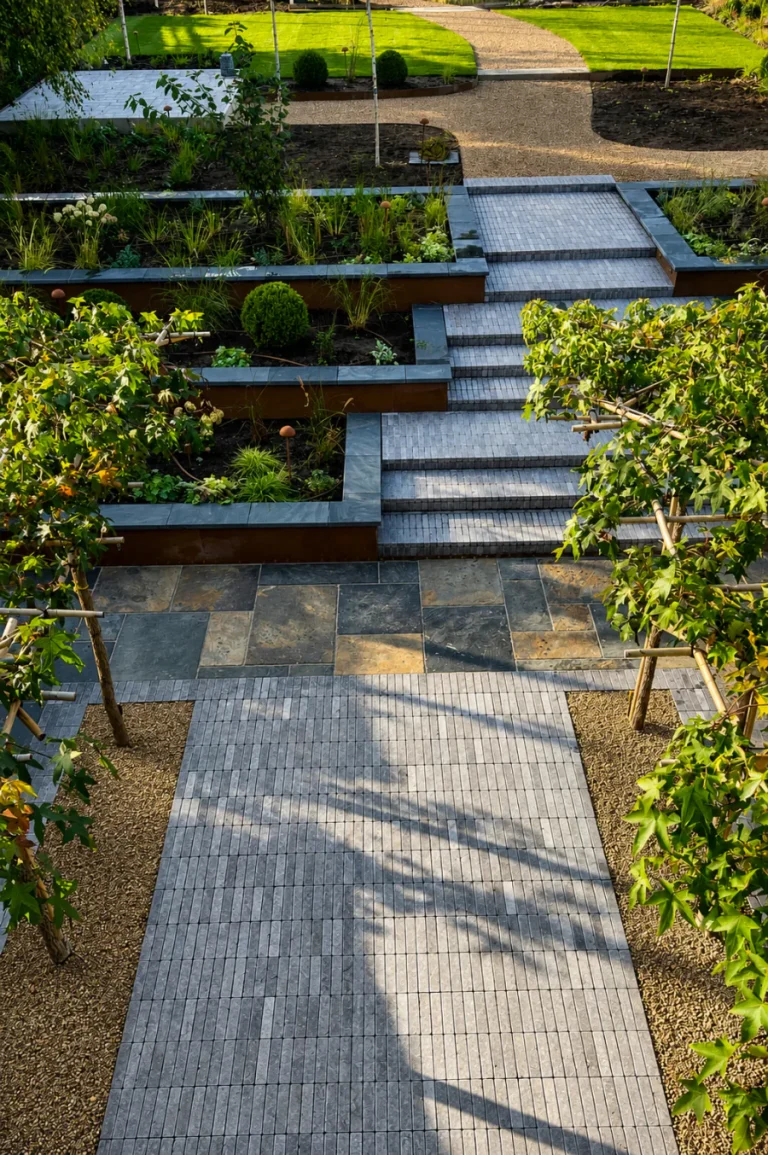 Back garden tiling with pergola, porcelain paving and raised planting beds
