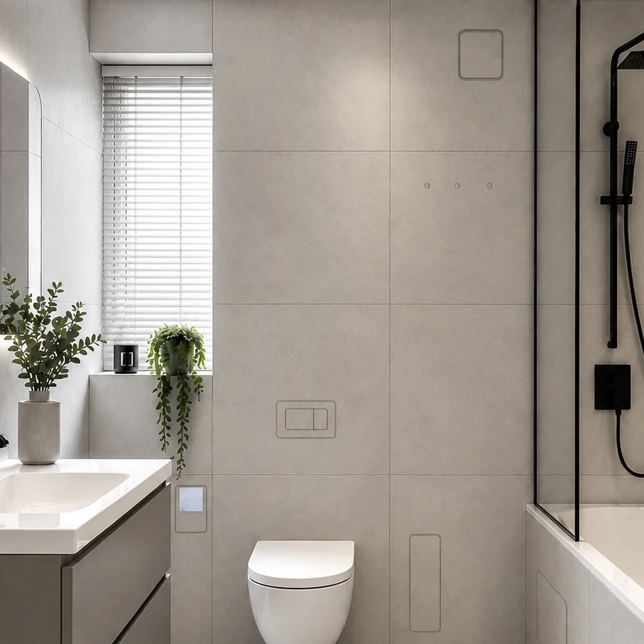 Compact tiled bathroom showing INTEGRA Prima products installed around the toilet and bath.