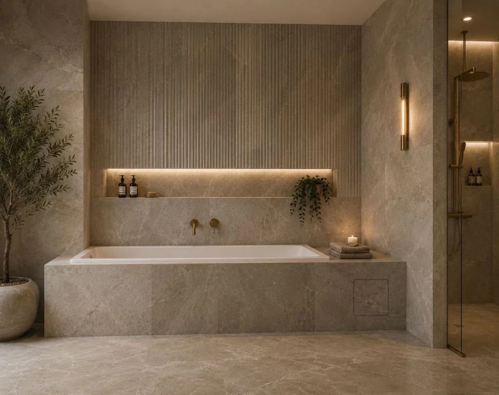 Completed neutral bathroom with Prima ACCESSUS access panel installed cleanly within the tiled finish.