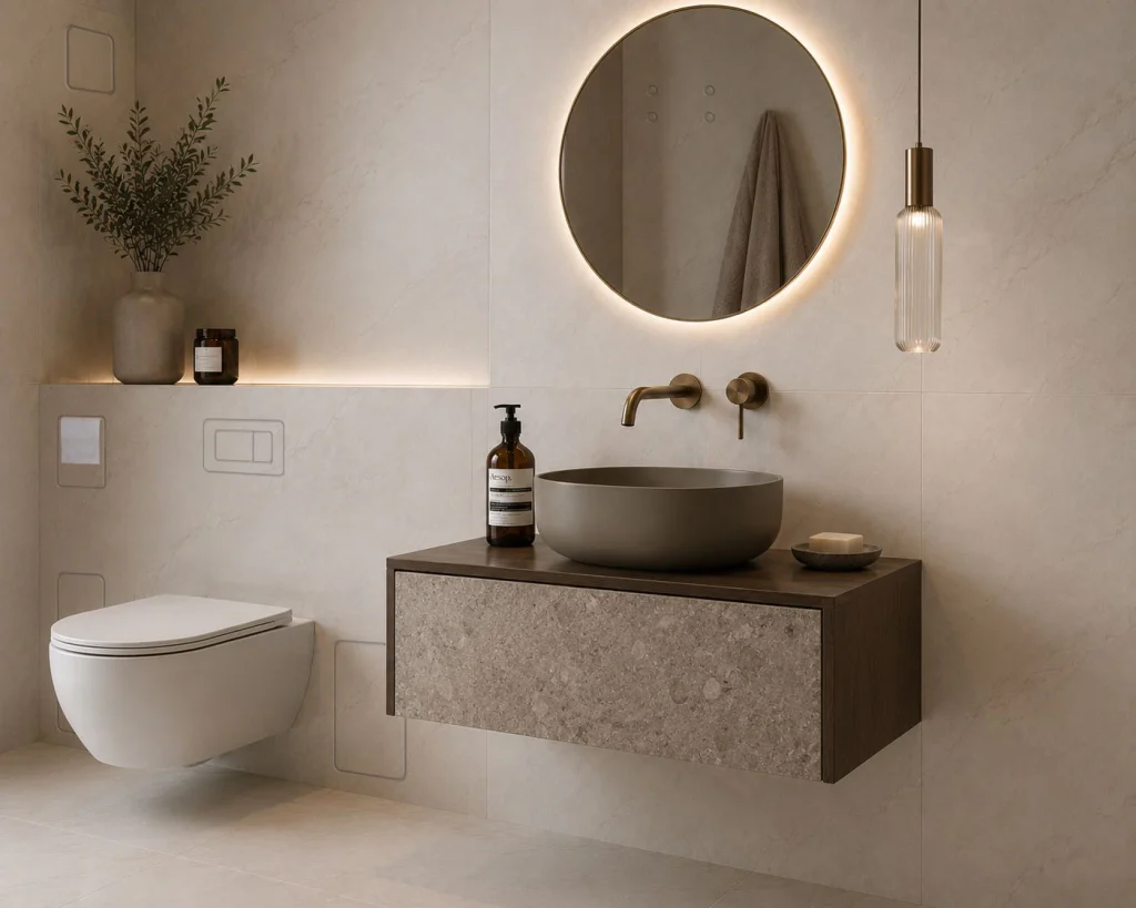 Warm neutral bathroom with INTEGRA Prima collection products integrated into tiled walls.