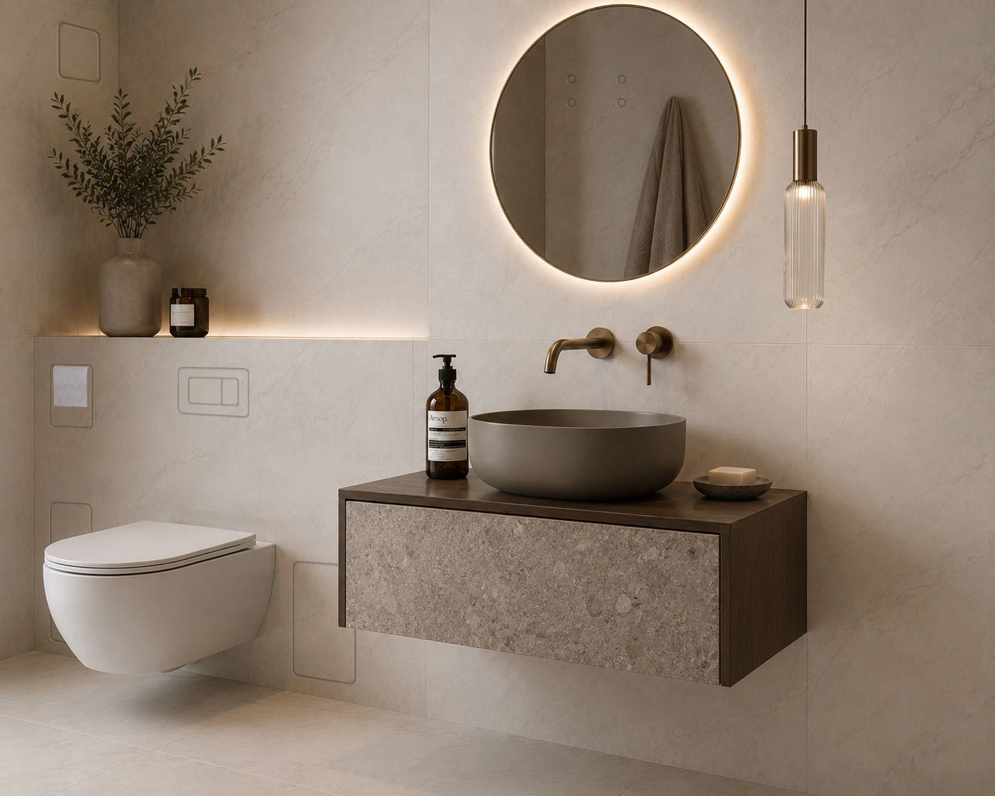 Warm neutral bathroom with INTEGRA Prima collection products integrated into tiled walls.