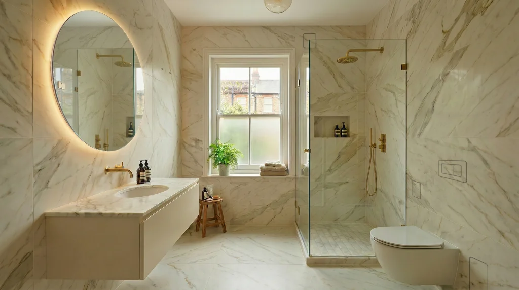 Completed marble bathroom with Prima FLUX integrated into the tiled wall.