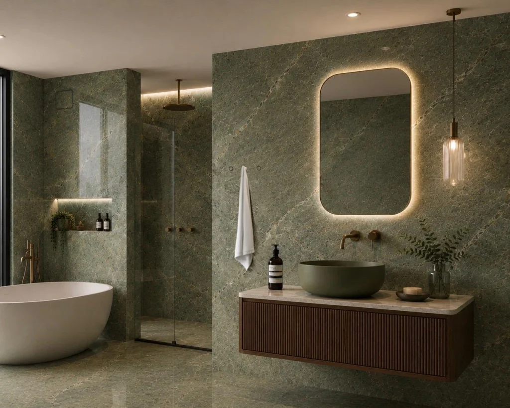 Completed green tiled bathroom with Prima UNUS towel holder installed beside a vanity mirror.