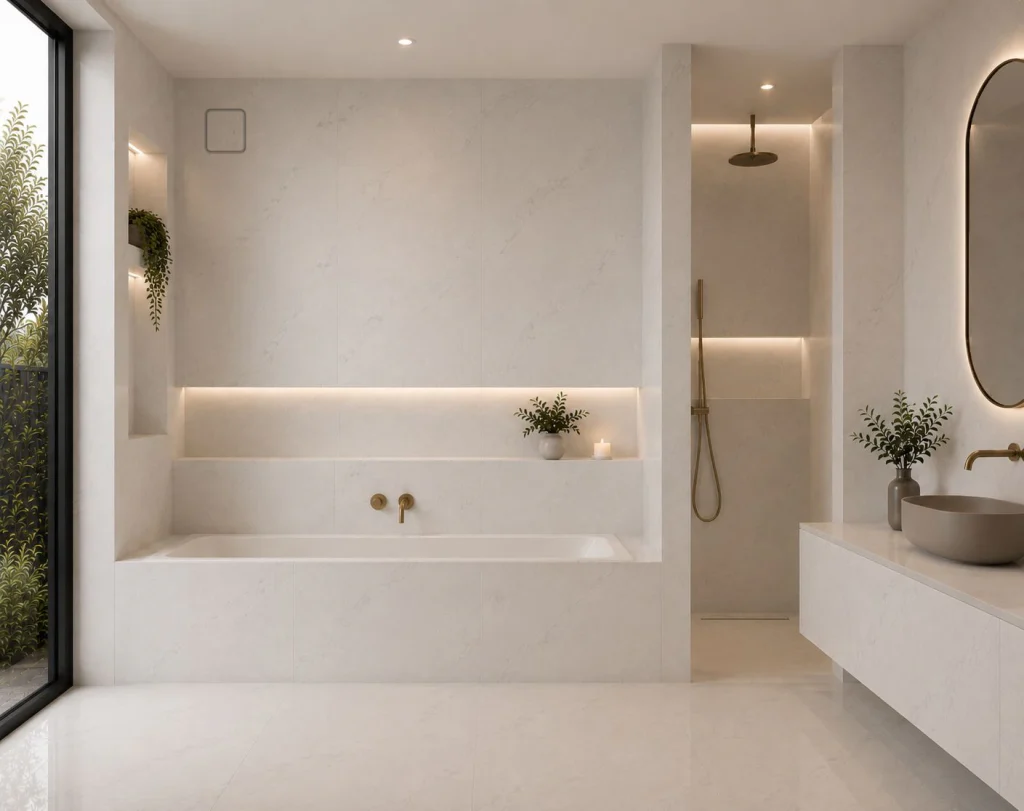 Completed light tiled bathroom with Prima VENTUS extractor fan installed flush above the bath.