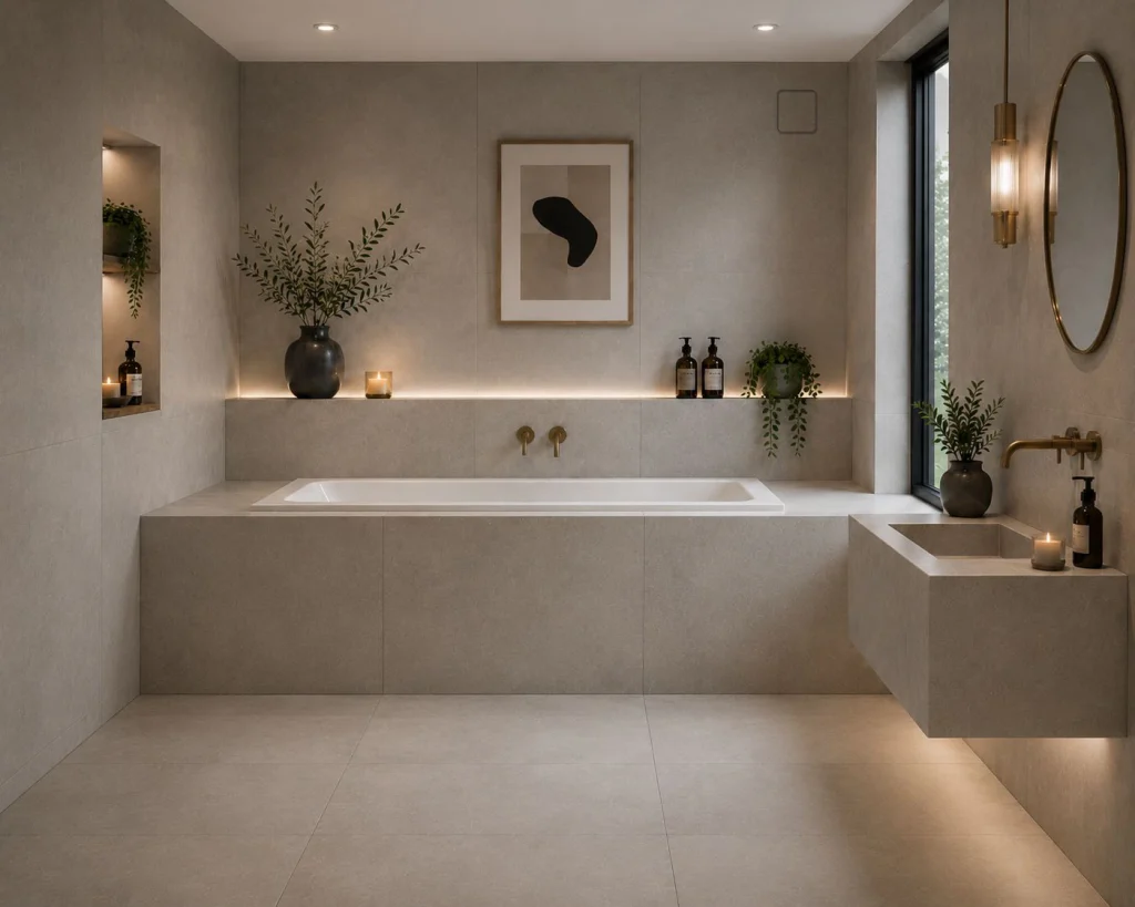 Completed beige tiled bathroom with Prima VENTUS extractor fan installed near the ceiling.