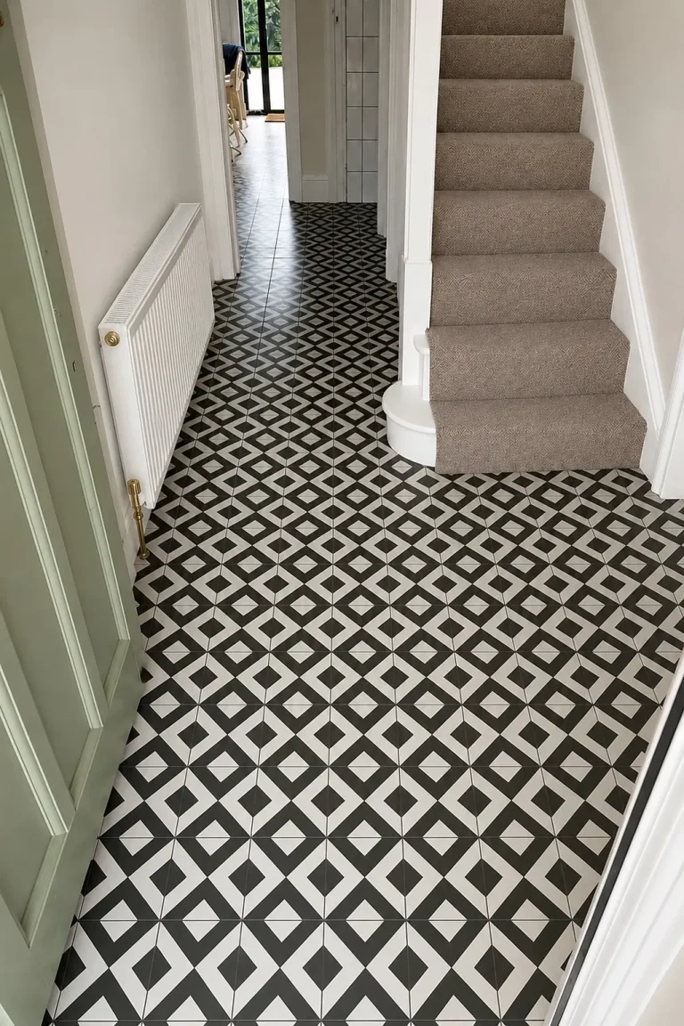 Black and white geometric entrance hallway floor tiles beside a staircase by Tile In Progress.