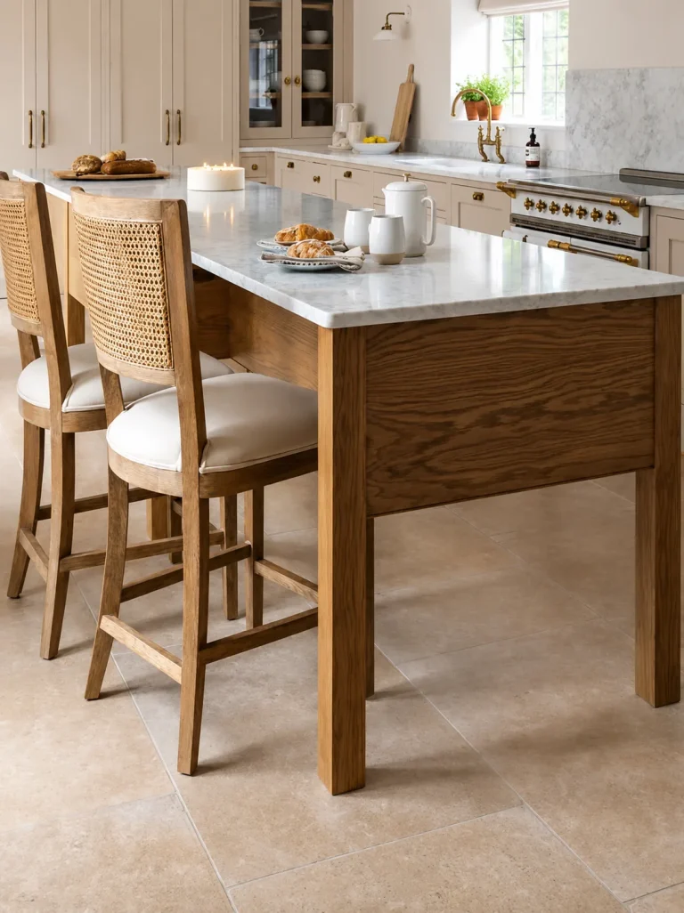 Period home kitchen island with marble worktop, limestone floor tiles and brass range cooker
